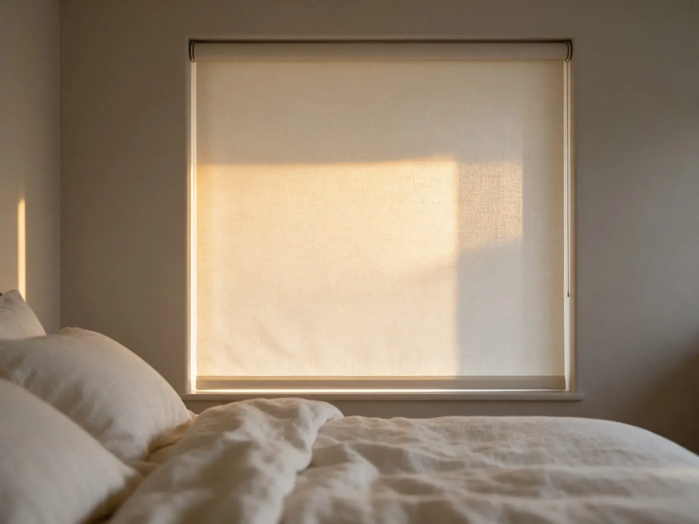 Bedroom at golden hour with soft linen roller shades