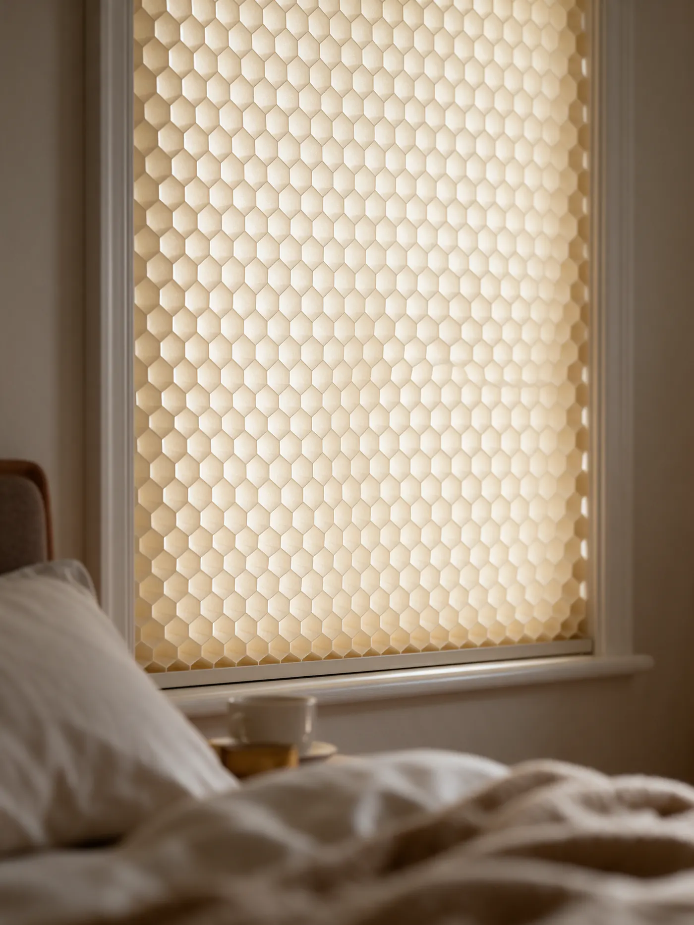 Cellular honeycomb shade diffusing soft warm light