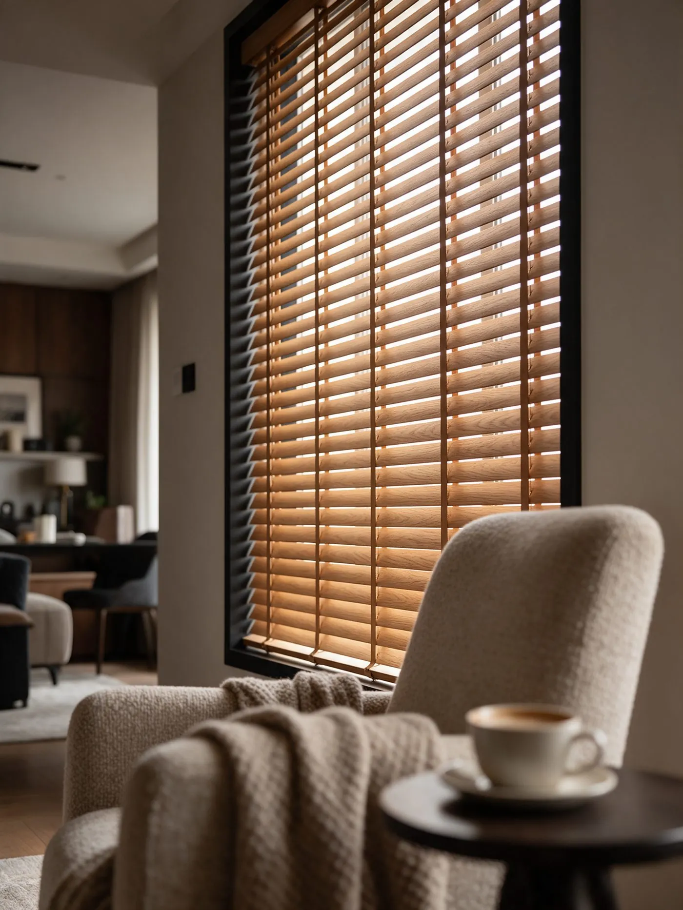 Reading corner beside a tall window with wooden blinds