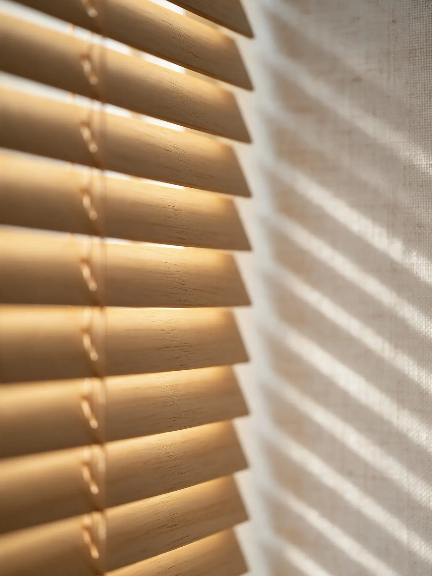 Sunlight filtering through blinds onto a linen wall