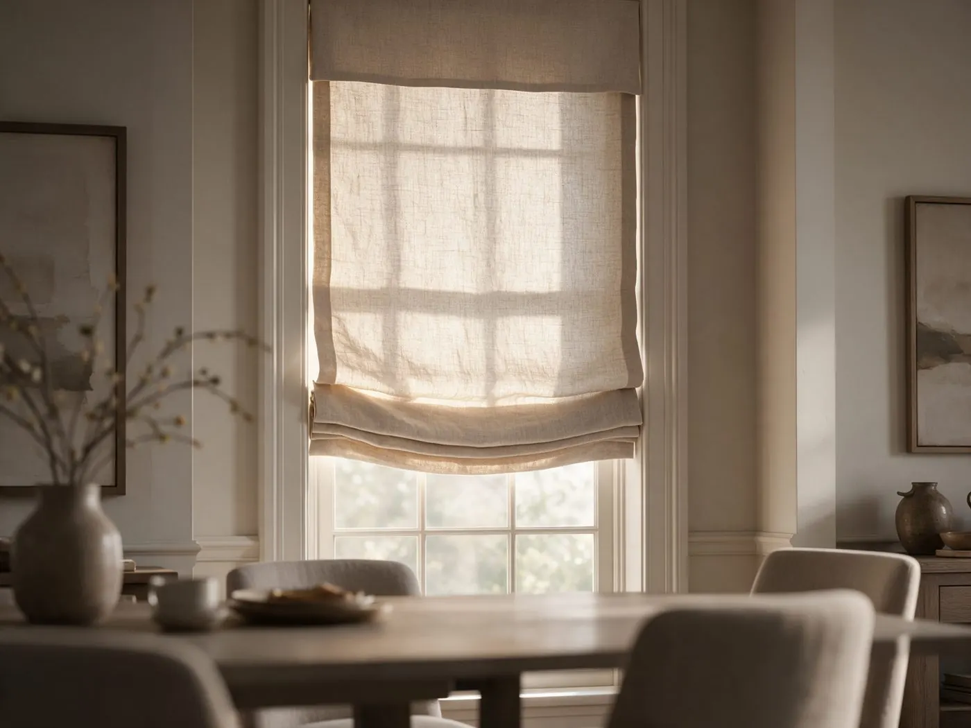 Dining room with linen roman shades