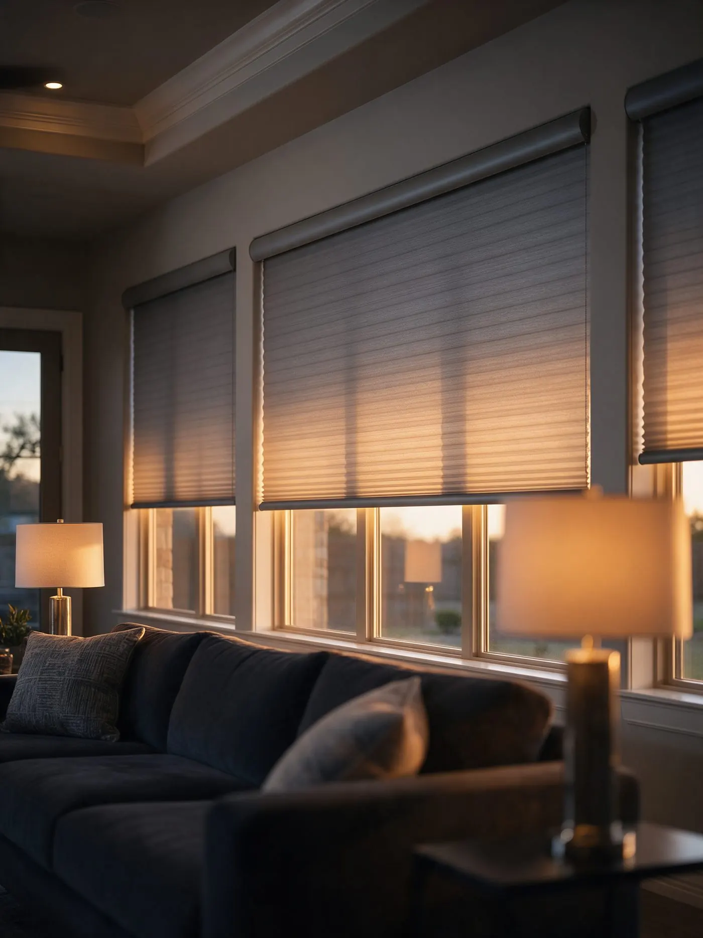 Motorized roller shades in a modern lounge at dusk