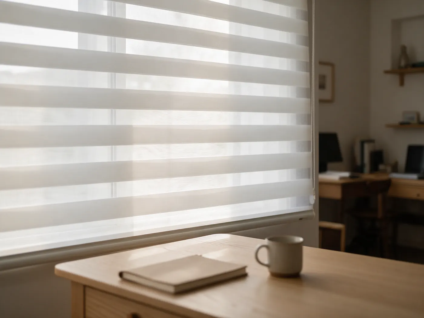 Home office with a zebra dual shade filtering soft daylight