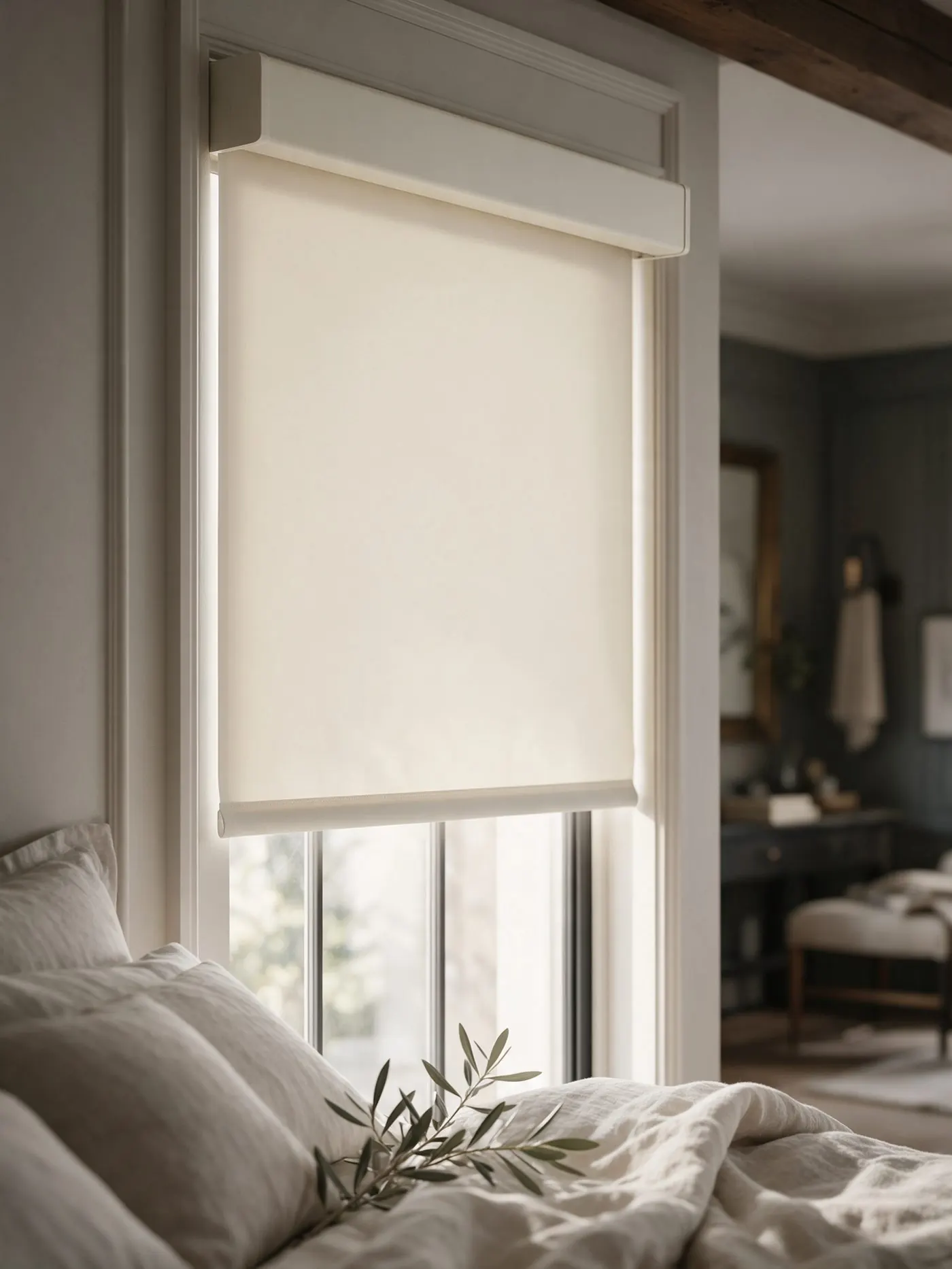 Cream roller shade half-lowered in a minimal bedroom