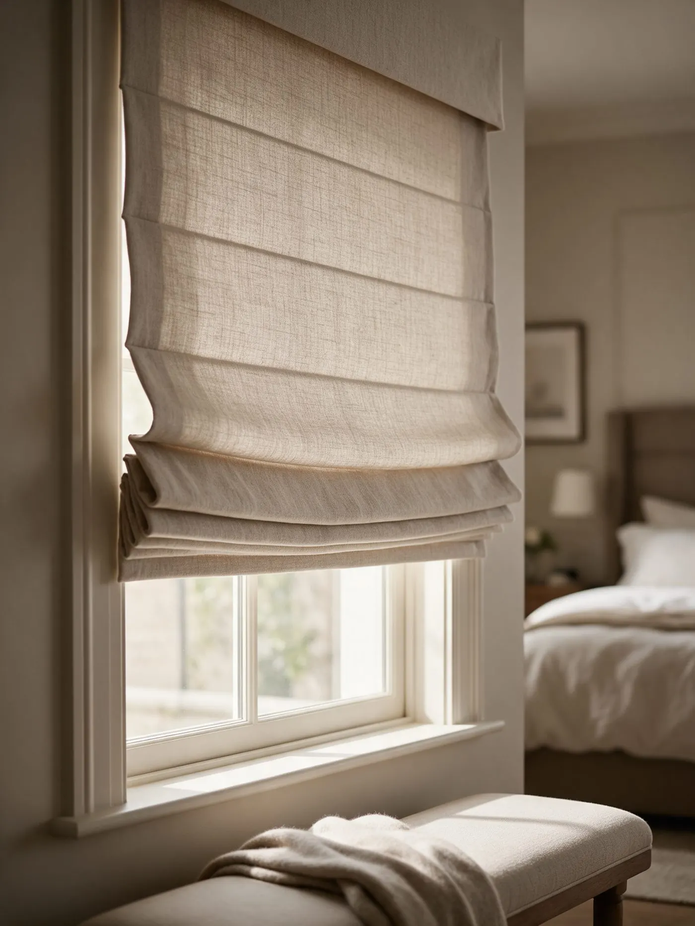 Natural linen roman shade with soft folds