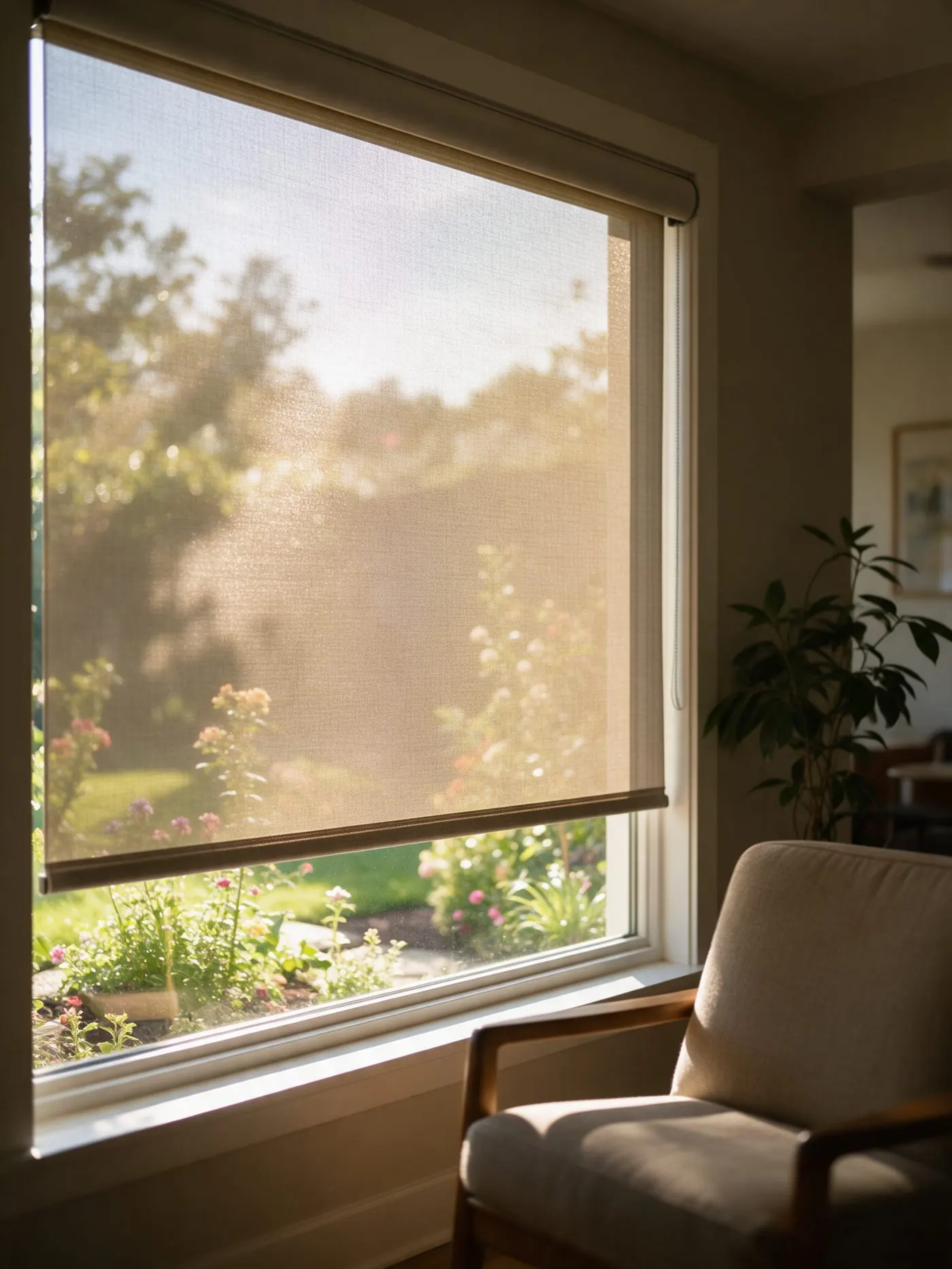Solar screen shades softening bright sun while keeping the view