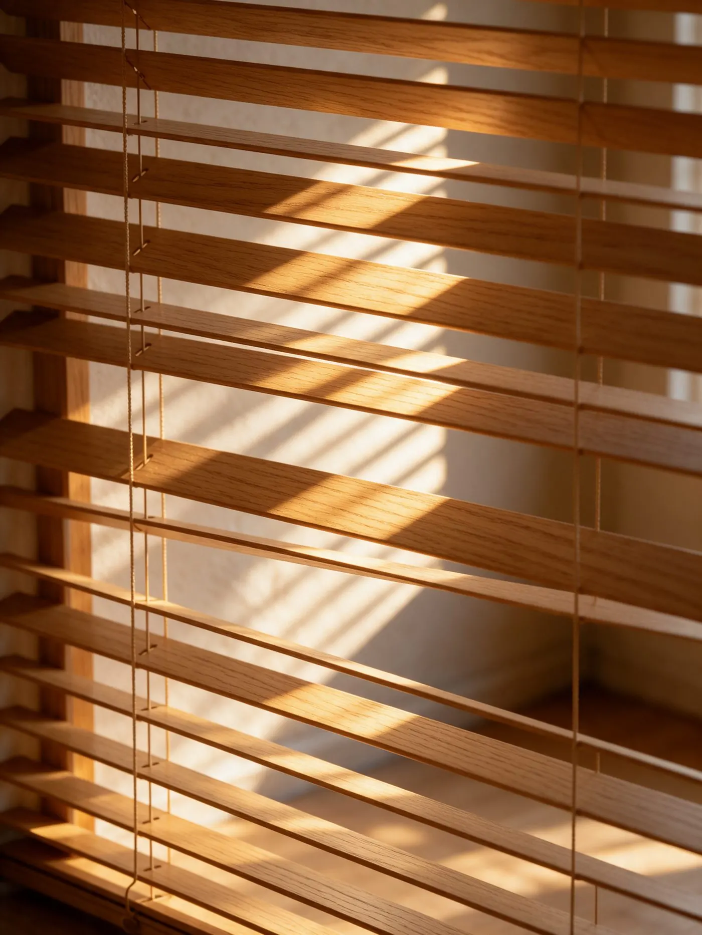 Faux wood blinds with golden light between slats