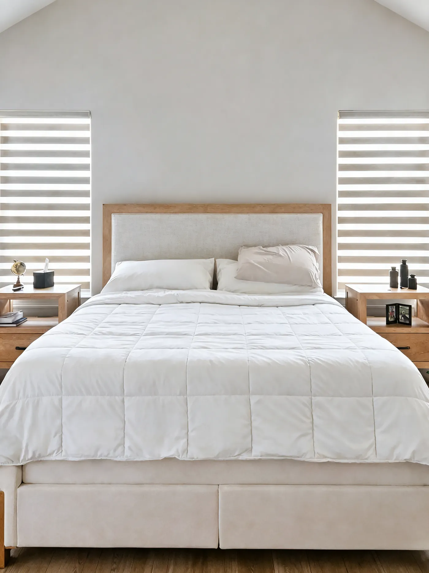 Two white zebra shades on windows on each side of a bed